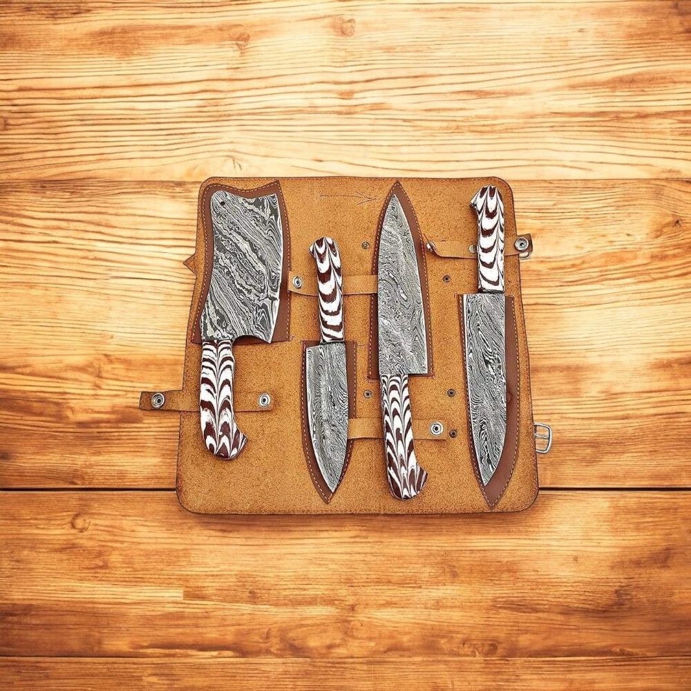 Damascus Steel Knife Set – Cleaver, Chef, Slicing & Paring with Epoxy Resin Handles