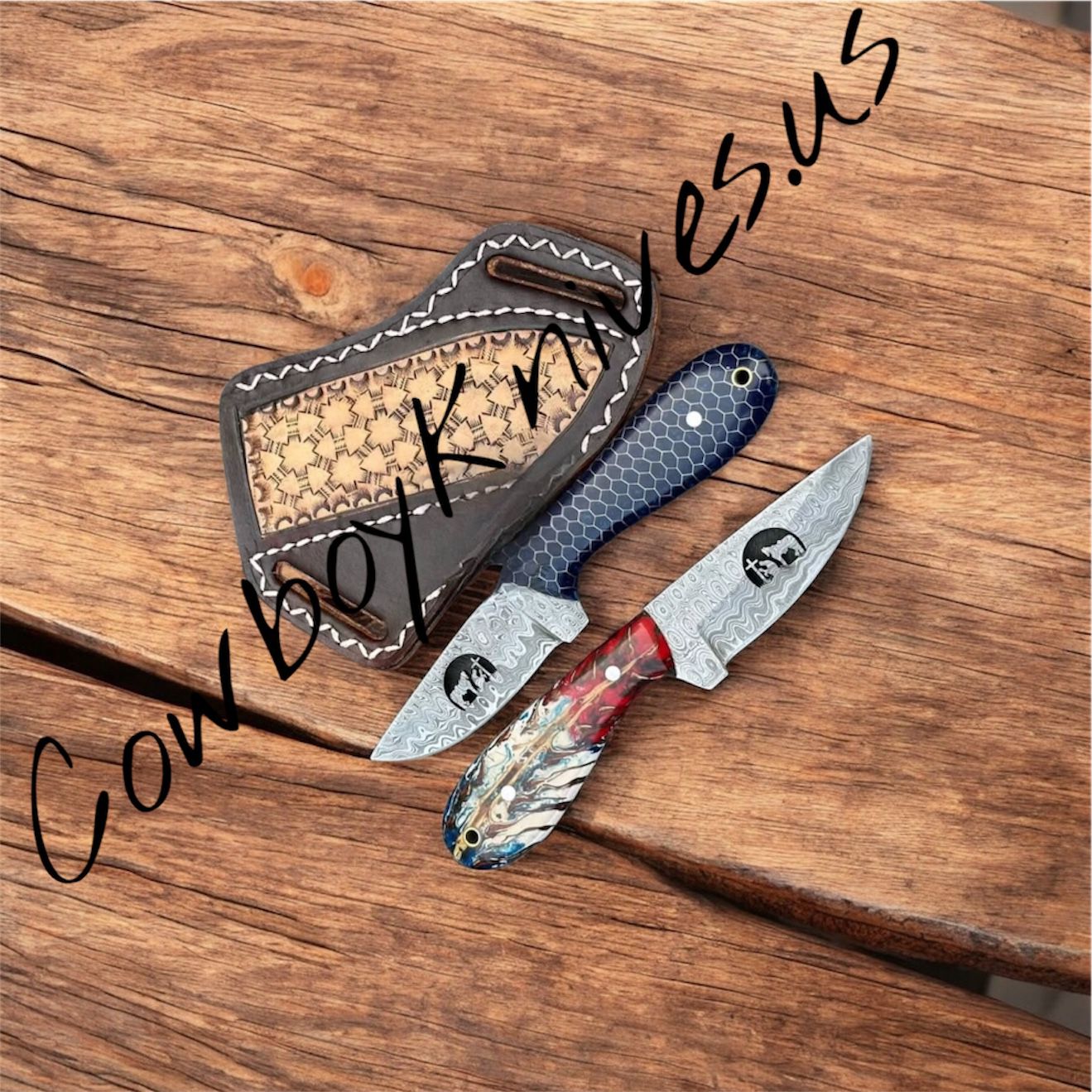 Cowboy Knives – Damascus Wirecut Blades with Pinecone & Honeycomb Resin Handles