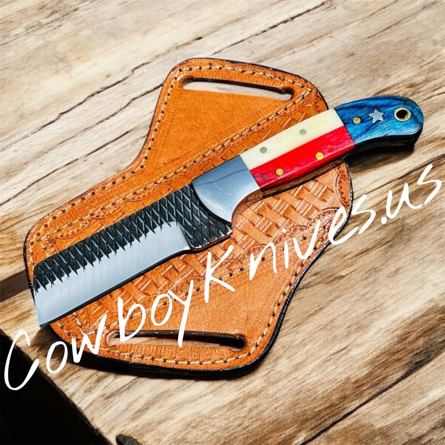 3" Blade Bull Cutter Knife with TX/US Flag Exotic Wood & Bone Handle