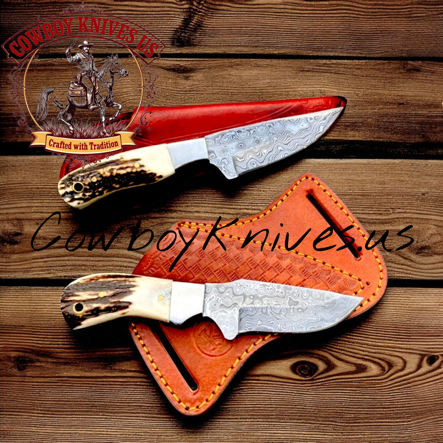 3" Blade Cowboy Knives with Antler Horn & Steel Bolster Handles