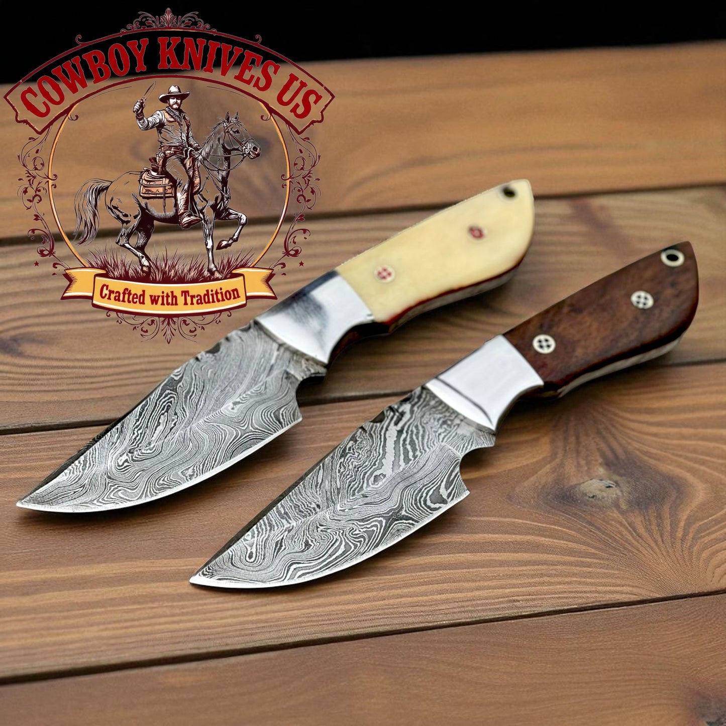 3" Blade Ranch Cowboy Knives and Sheaths – Bone & Rosewood Handles, Damascus Steel