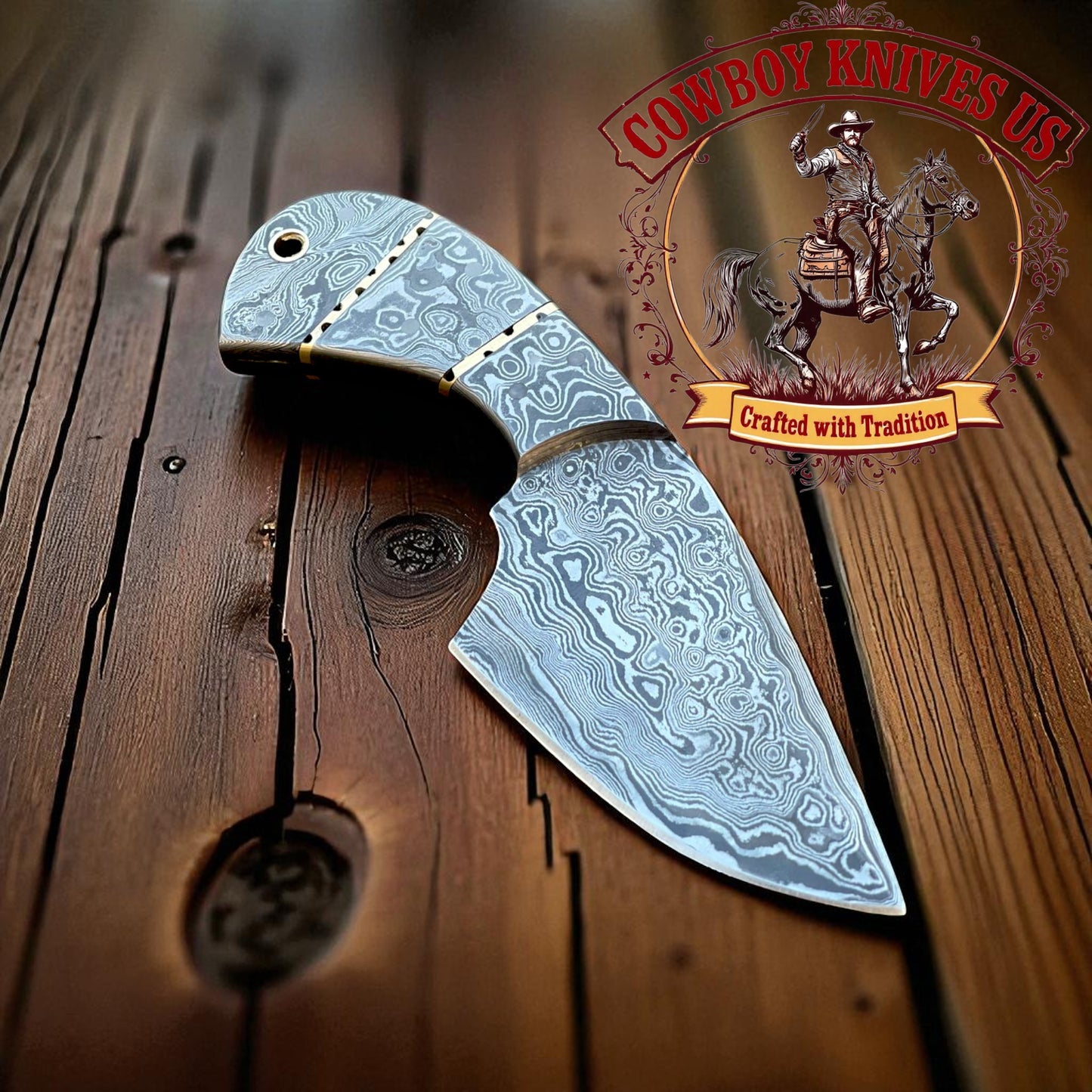 3.25" Blade Cowboy Knife with Damascus Handle & Brass Spacer