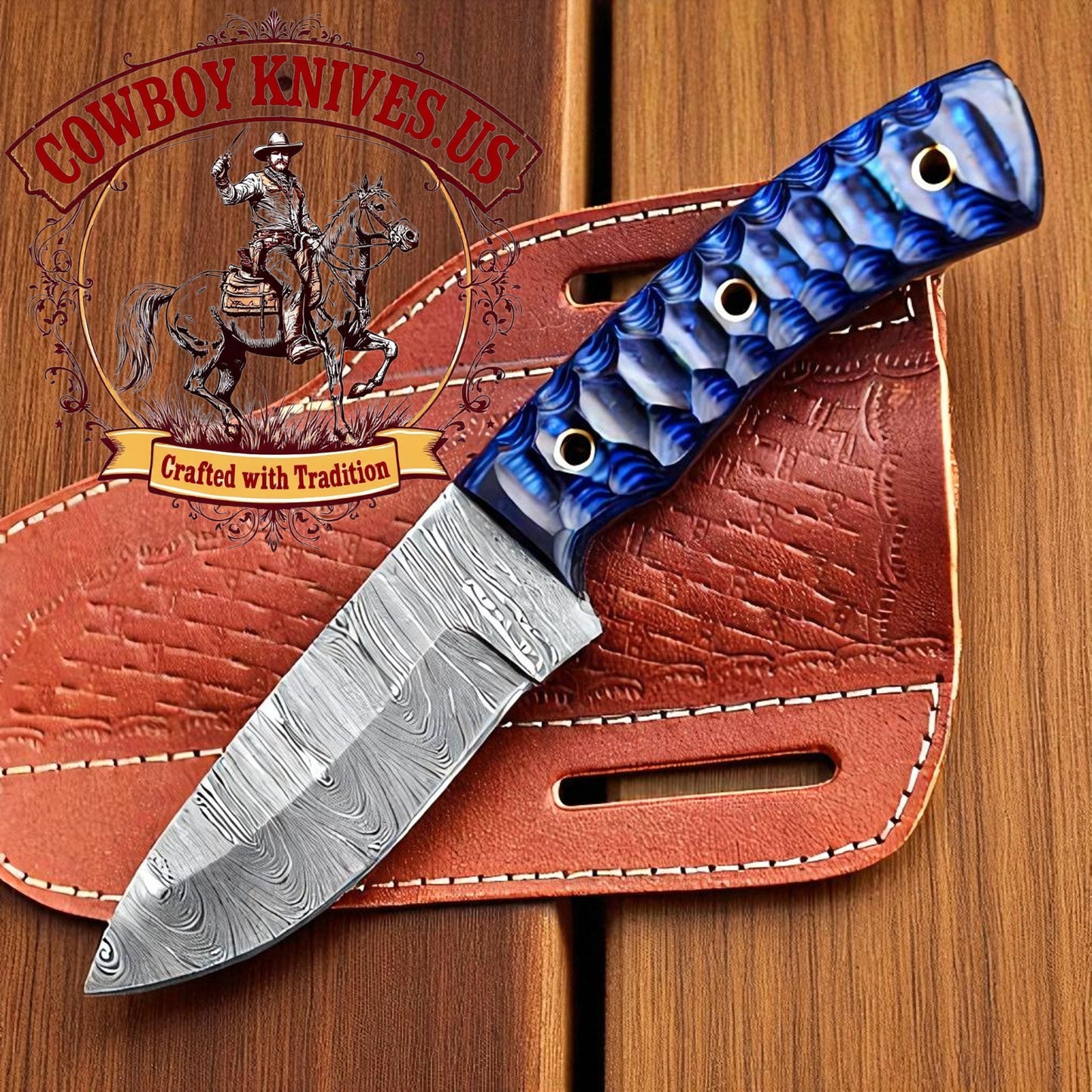 3.5" Blade Ranch Cowboy Knife with Exotic Wood File-Worked Handle & Sheath