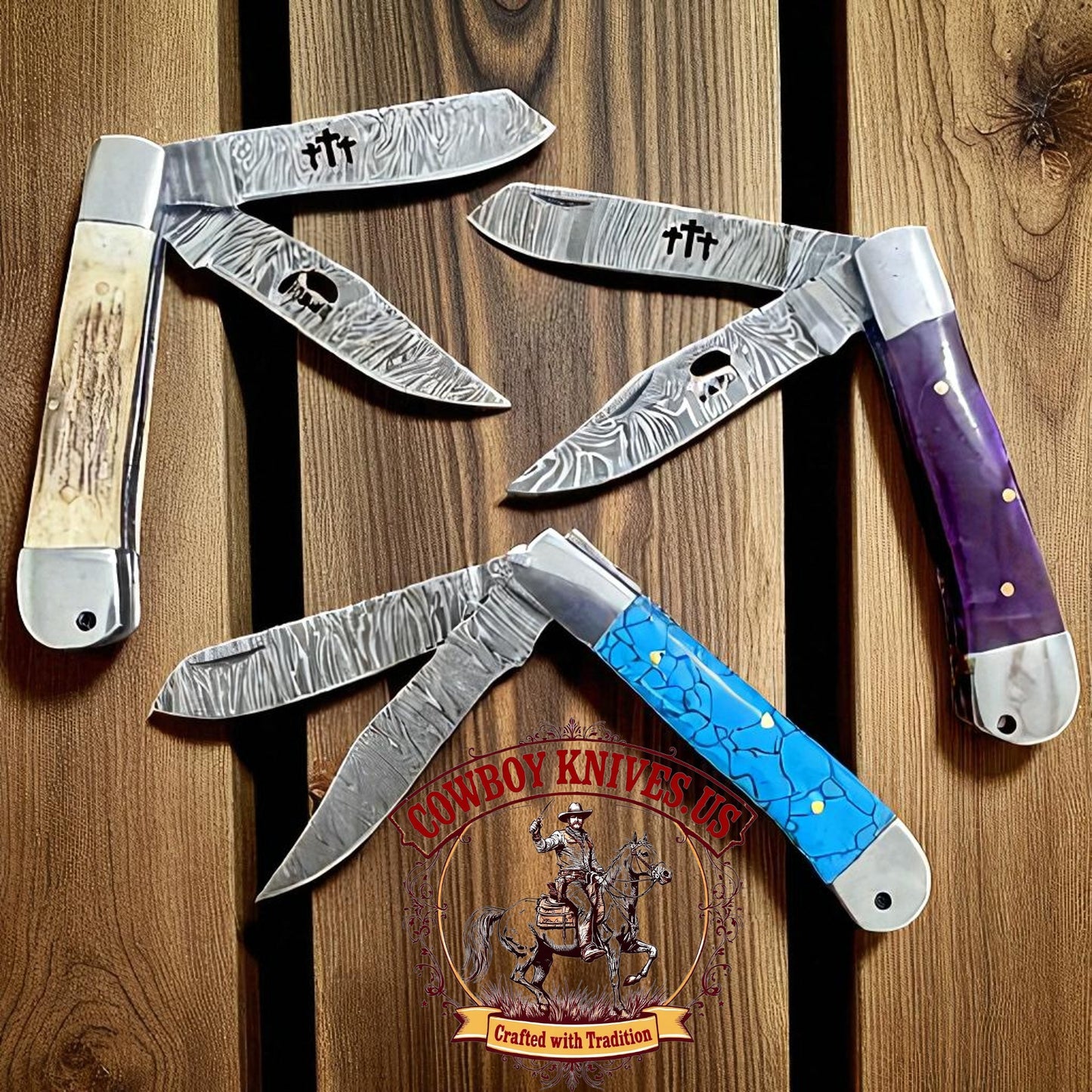 3" Blade Trapper Knives with Antler Horn, Turquoise & Resin Handles