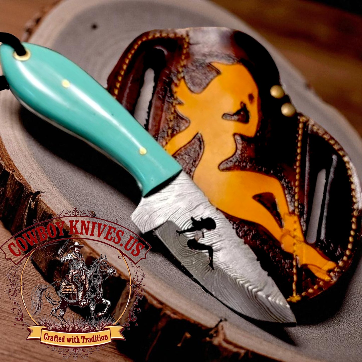 3" Blade Belt with a Knife – Damascus Steel Wirecut Blade & Epoxy Resin Handle