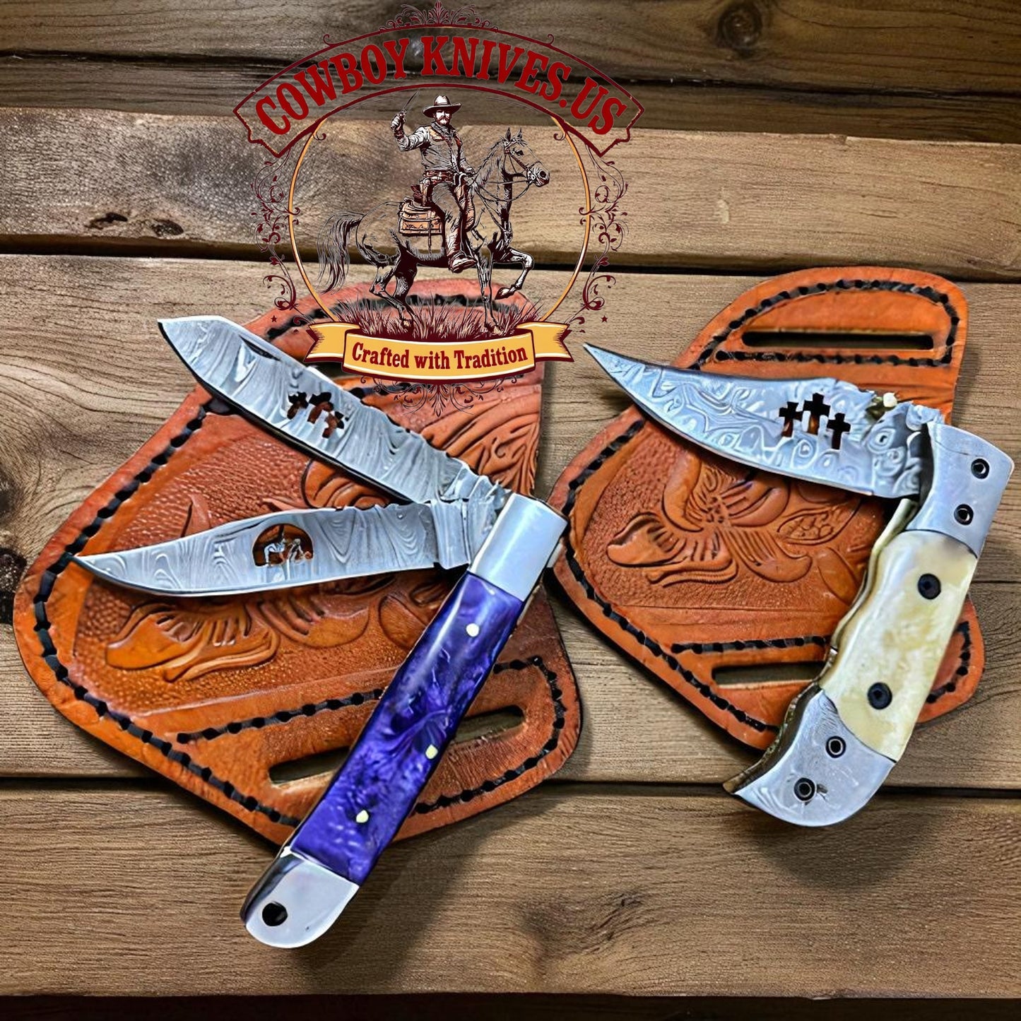 3" Blade Pocket Knife with Cross – Damascus Steel, Resin & Bone Handles