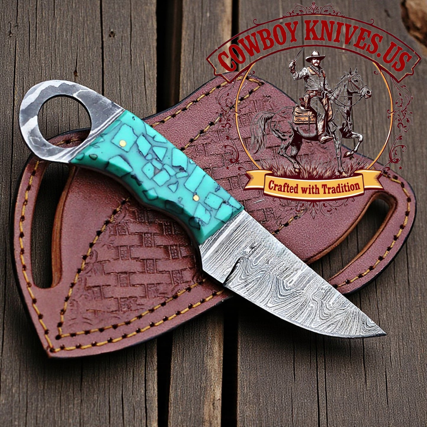 3" Blade Back Sheath for Knife with Damascus Steel & Epoxy Resin Handle