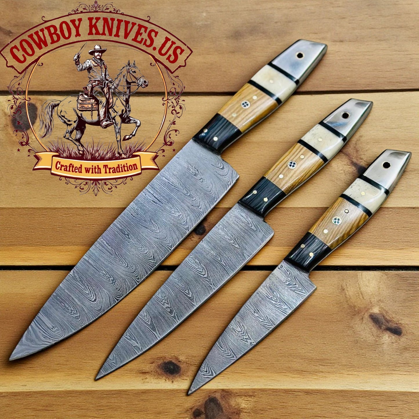Damascus Steel Knife Set – 12", 10" & 8" Blades with Wood & Bone Handles