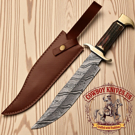 12" Blade Damascus Bowie Knife with Antler Handle & Brass Guards