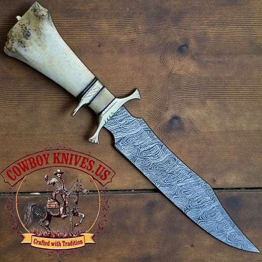 12" Blade Handmade Bowie Knife with Bone Handle, Brass Guard & Spacer