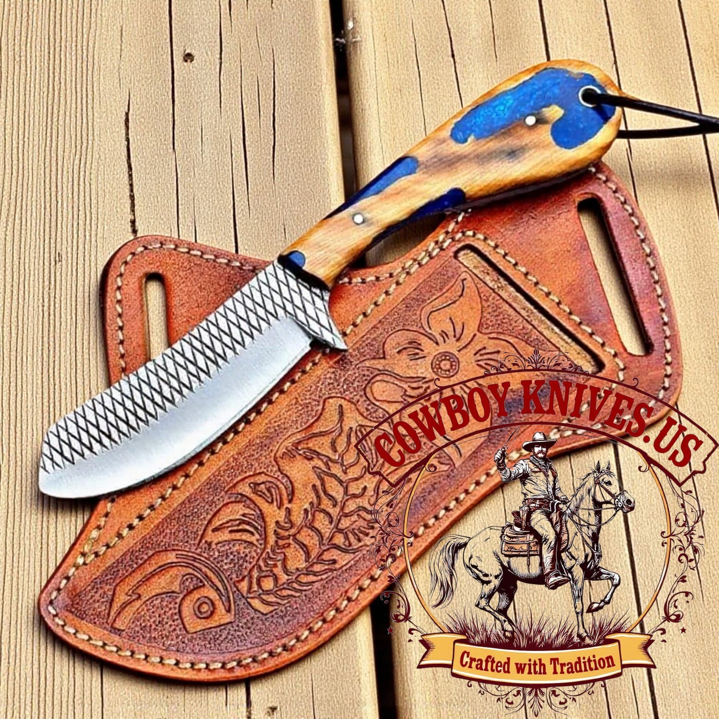4" Blade Custom Cowboy Knife with Wood Resin Hybrid Handle