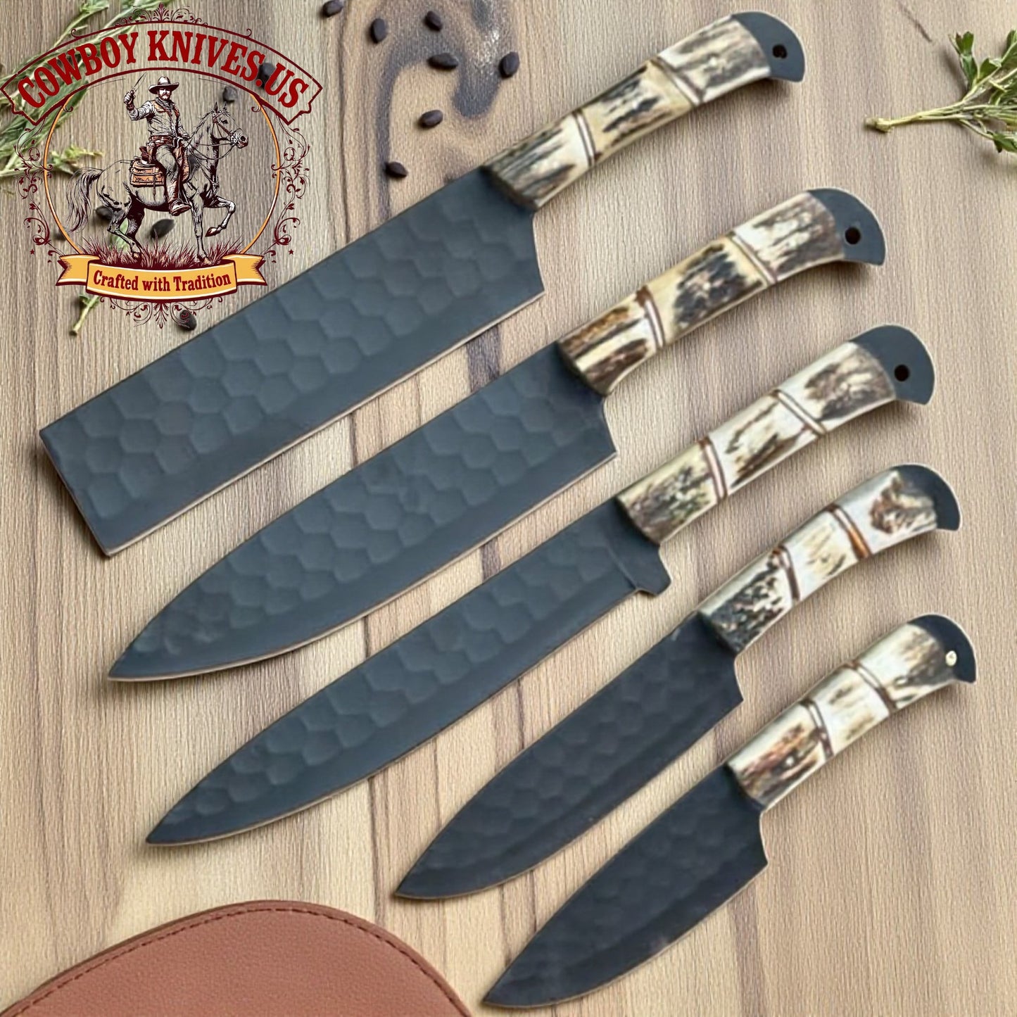 Stainless Steel Knives Set – J2 Powder Coated Blades with Antler Horn Handles