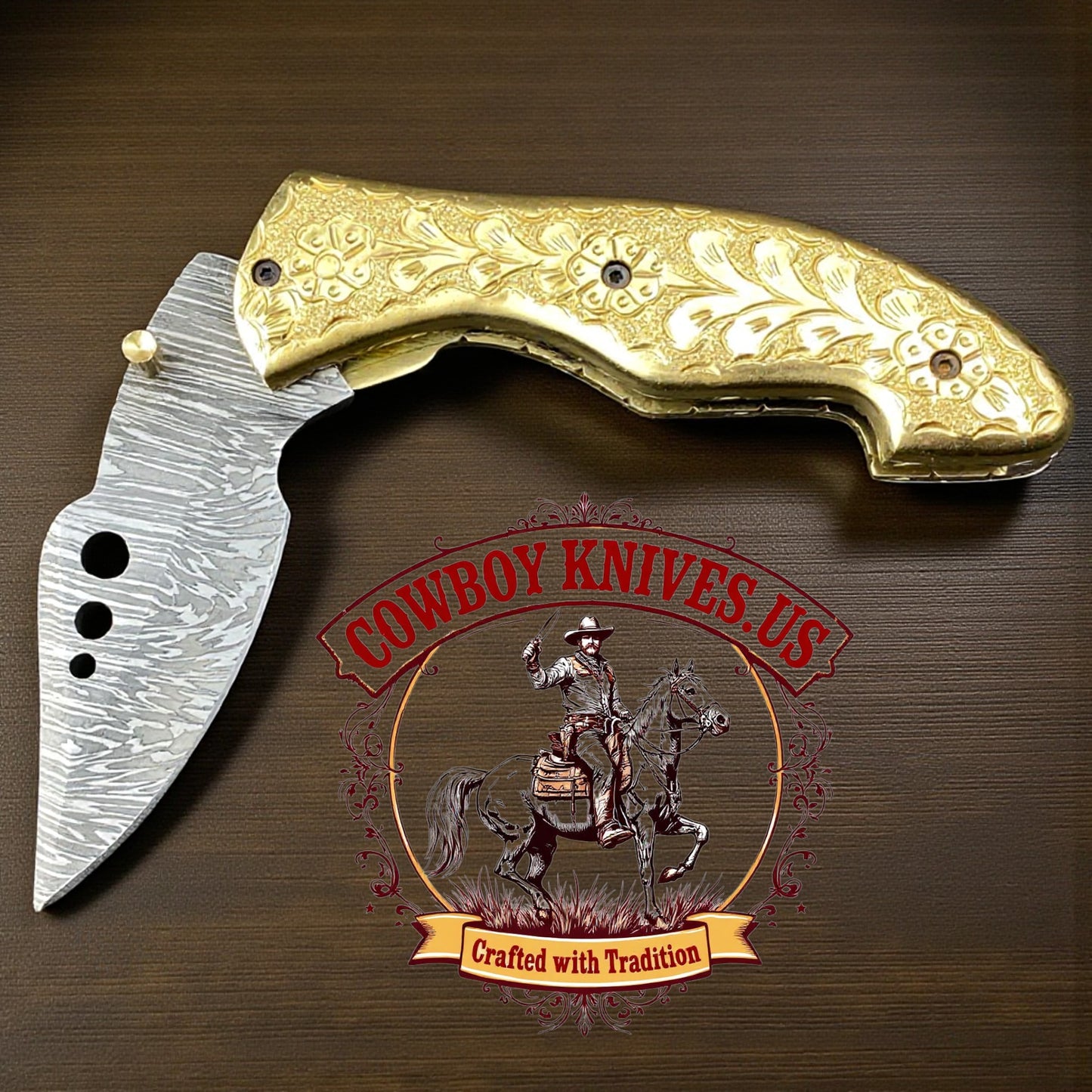 3" Blade Damascus Pocket Knife with Hand-Engraved Brass Handle