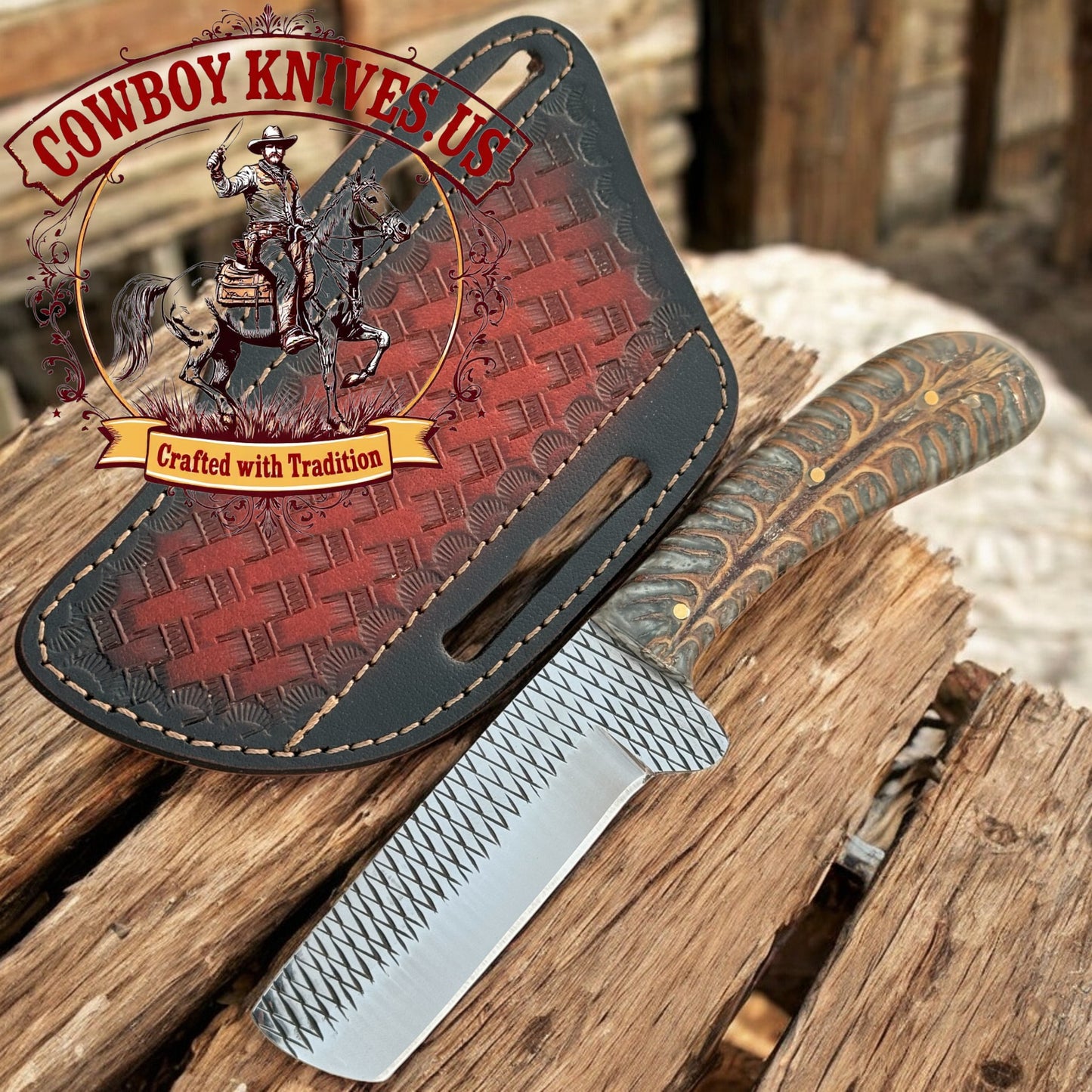 4" Blade Bull Cutter Knife with Pinecone Resin Handle