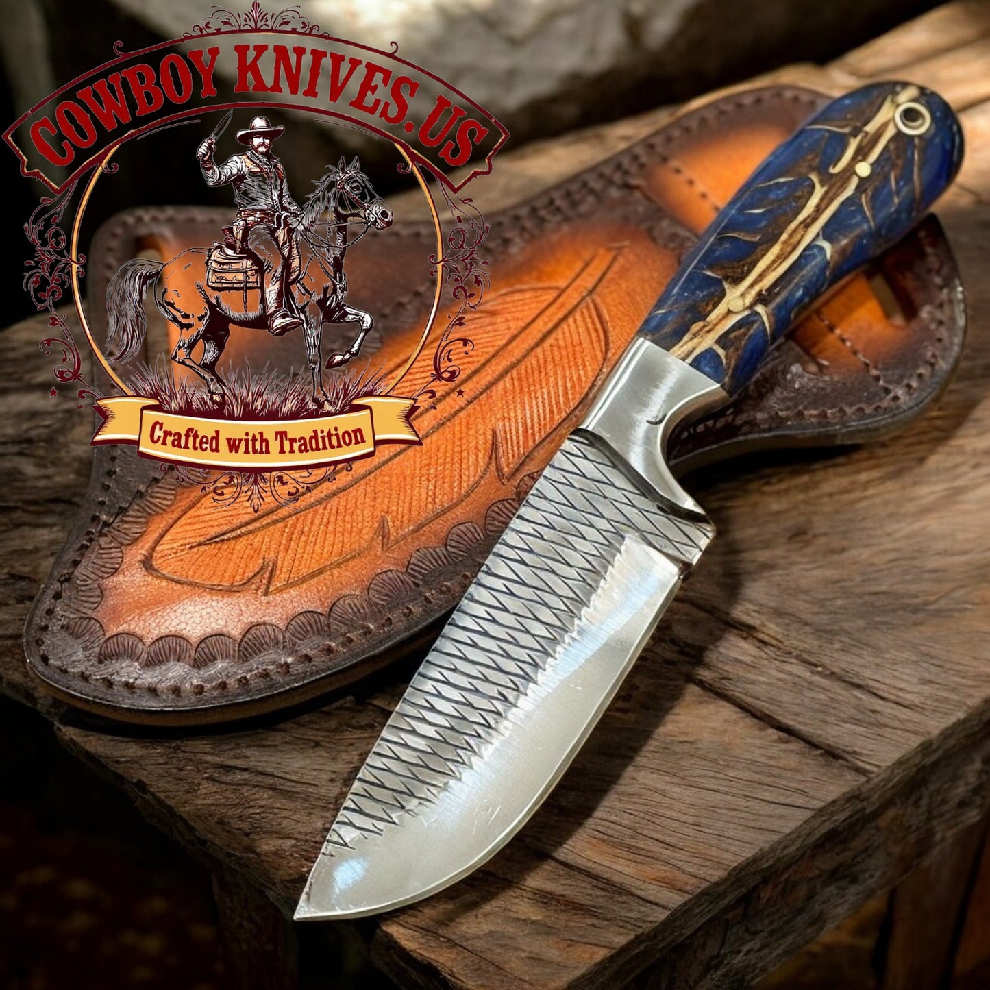 4" Blade Rear Belt Knife with Pinecone Resin & Steel Bolster Handle