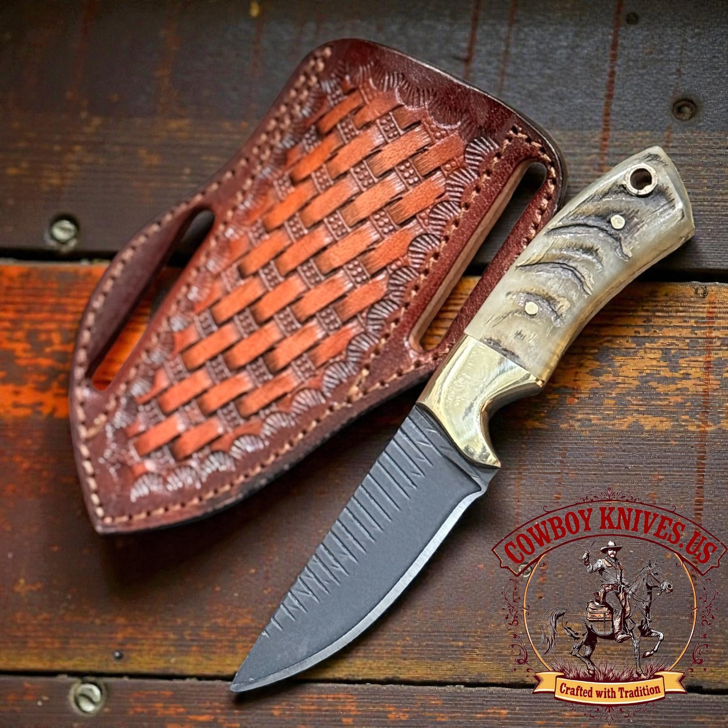 3" Blade Knife Sheath Western with Ram Horn Handle & Brass Bolster