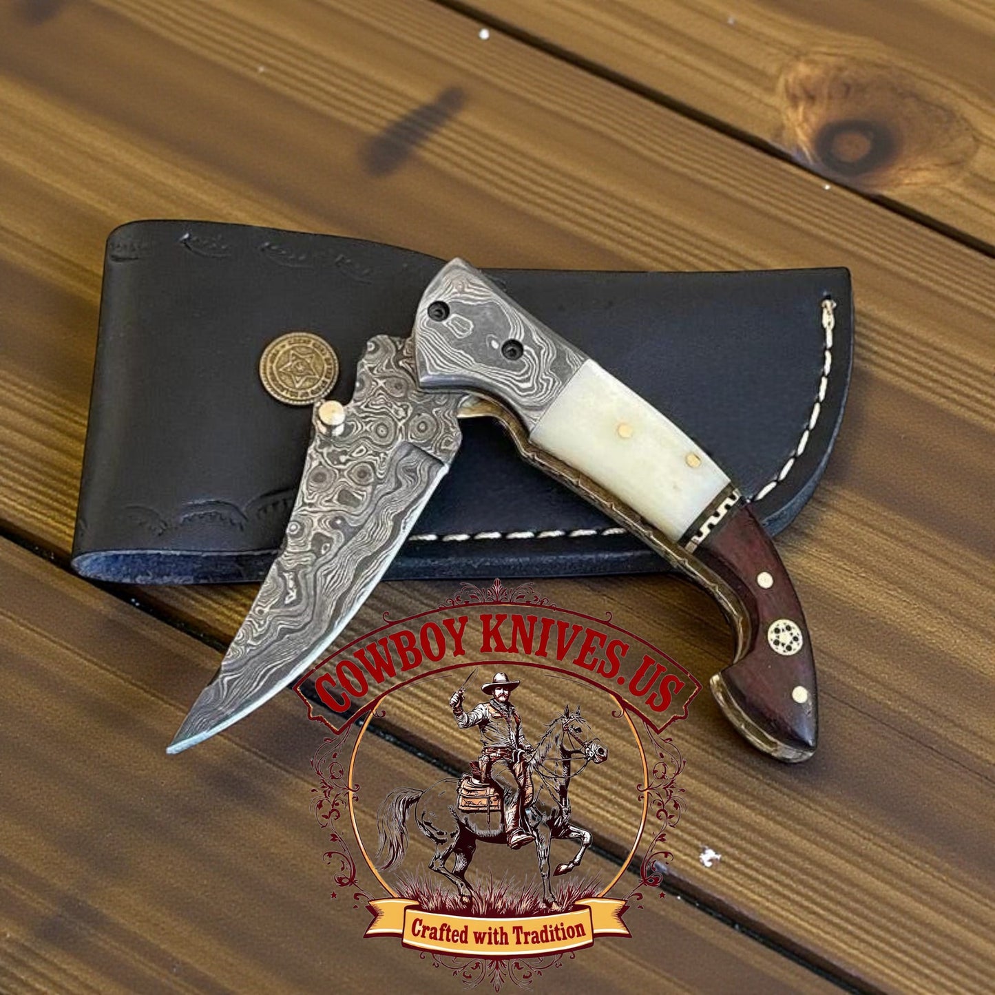 3" Blade damascus pocket knife with Wood, Bone & Damascus Bolster Handle