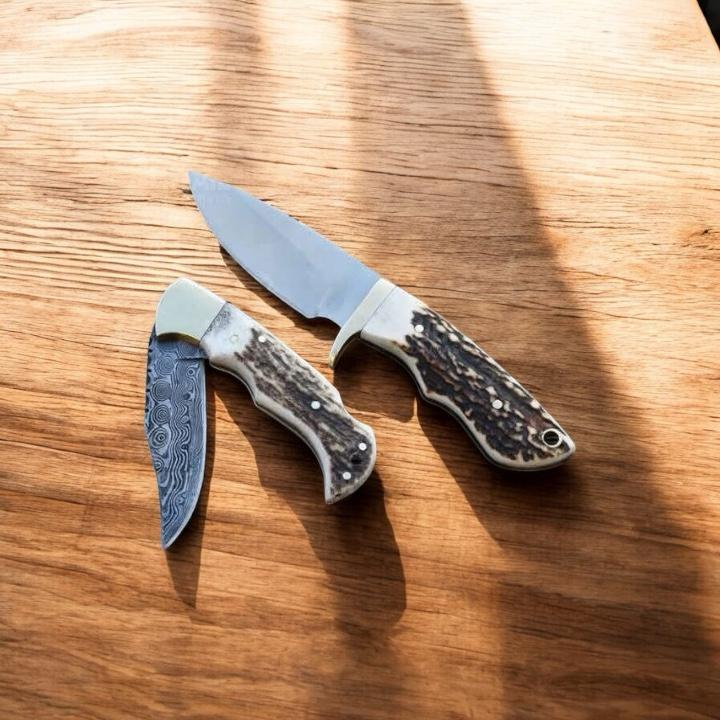 Cowboy Knives – D2 Steel Fixed Blade with Brass Guard & Damascus Steel Folding Knife | Stag Horn Handle | Western Men’s Knife, Belt Knife, Cowboy Knives and Sheaths – KNIVESHQ