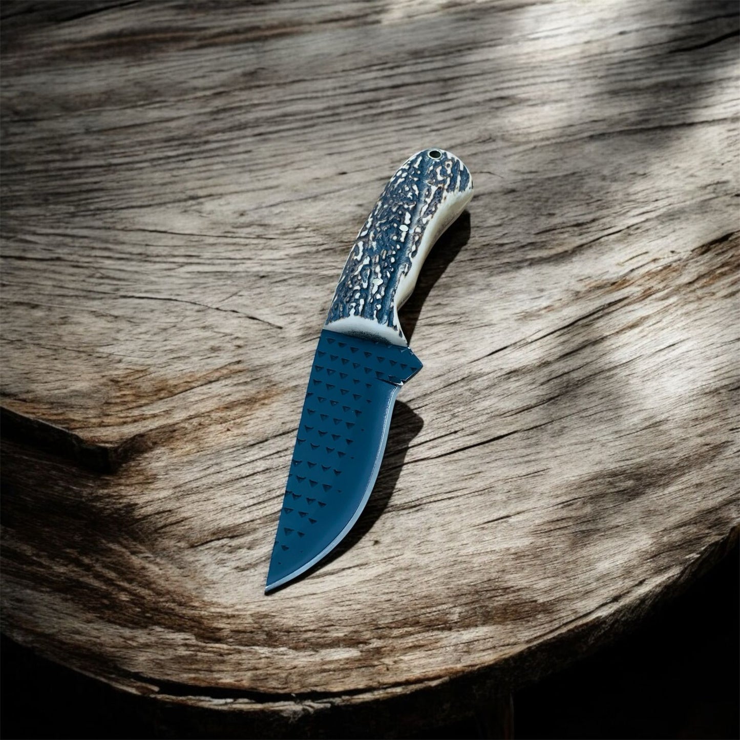 Hand-Forged Cowboy Knife – Rasp Tool Steel Fixed Blade (Powder Coated) with Stag Horn Handle & Leather Sheath