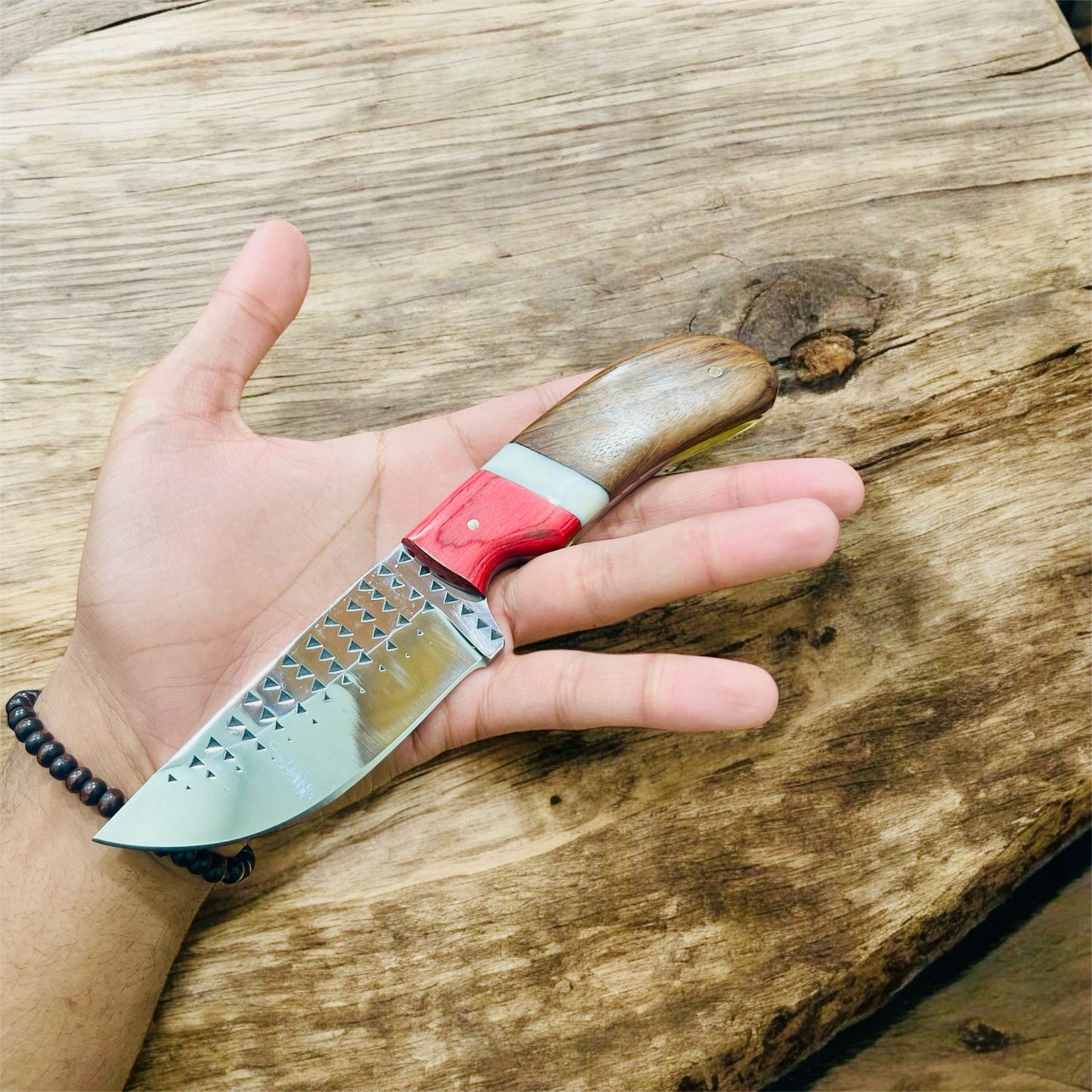 Hand-Forged Cowboy Knife – Rasp Tool Steel Blade with Wooden Handle, Bone Spacer & Color Wood Bolster + Leather Sheath
