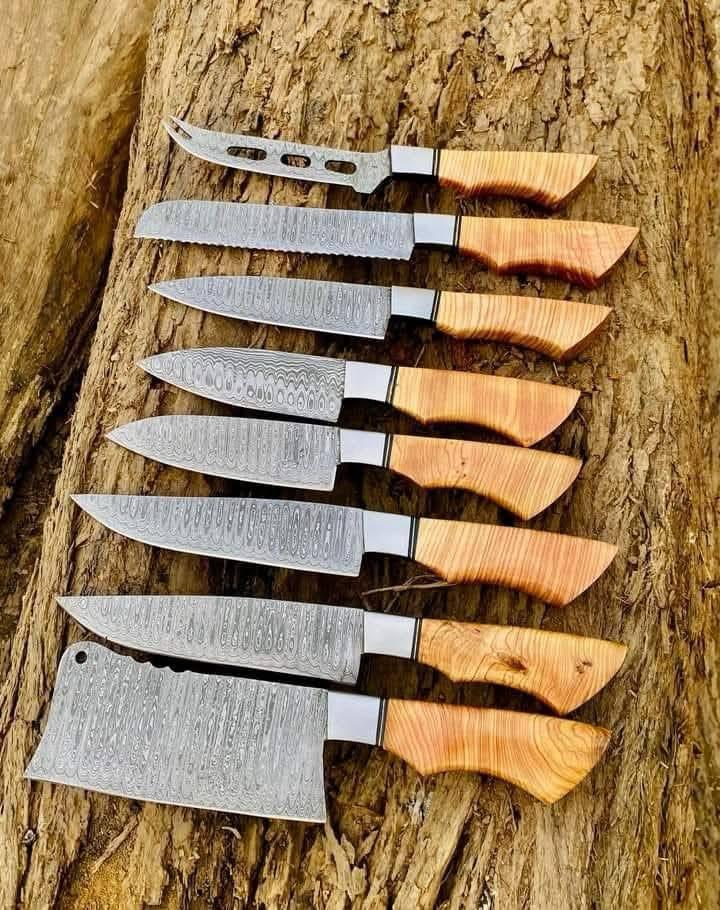 8-Piece Damascus Steel Kitchen Knife Set – Hand-Forged Blades with Wooden Handles & Steel Bolsters | Professional Chef Knife Collection