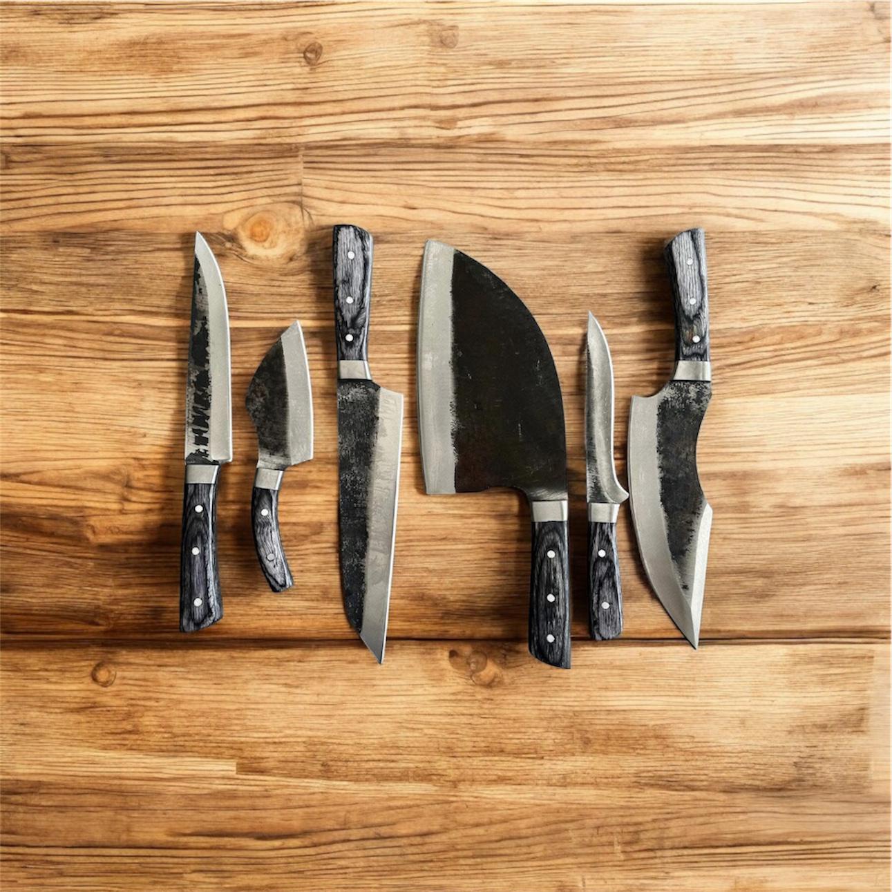 6-Piece J2 Steel Kitchen Knife Set – Full Tang Chef Knives with Wooden Handles & Steel Bolsters | Professional Culinary Knife Collection
