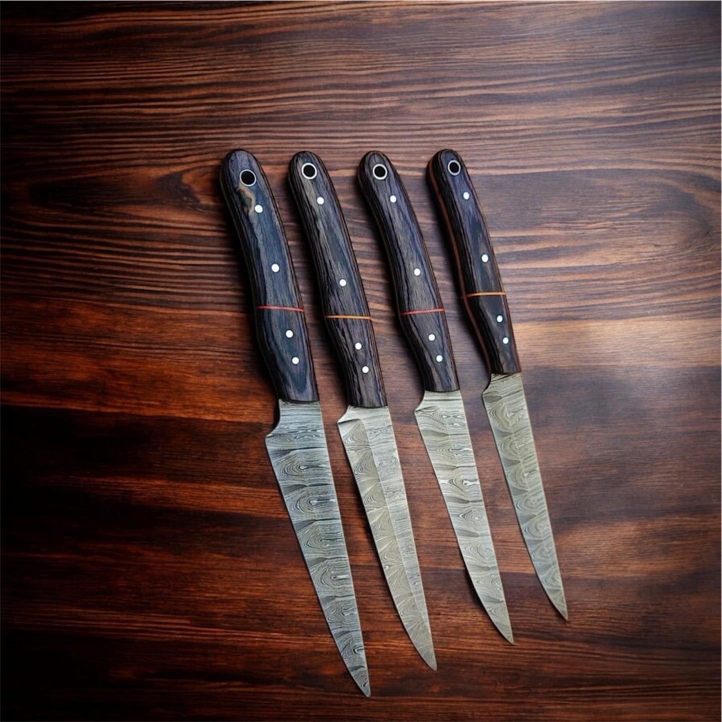 4-Piece Damascus Steel Steak Knife Set – Hand-Forged Blades with Wooden Handles | Premium Kitchen Cutlery for Dining & Gifting