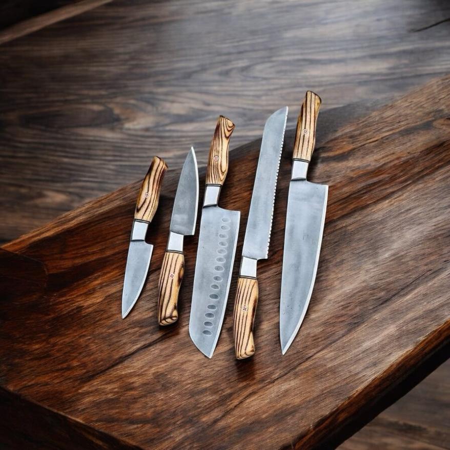 5-Piece Kitchen Knife Set – J2 Steel Blades with Wooden Handles & Steel Bolsters | Precision Chef Knife Set for Home & Professional Use