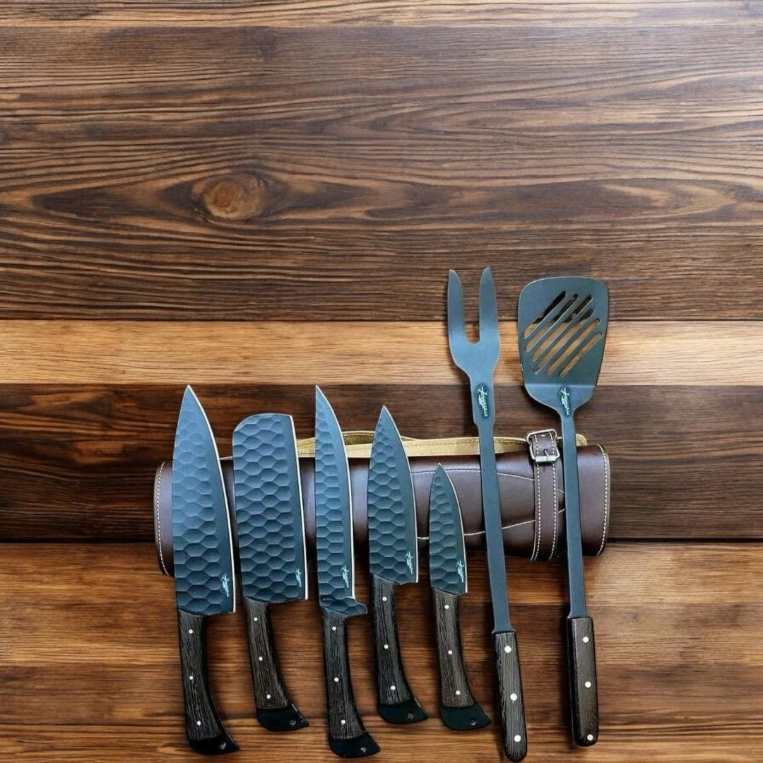 7-Piece VG10 Steel Kitchen Knife Set with Wenge Wood Handles – Includes Chef Knives, Carving Fork & Spatula | Premium Culinary Set