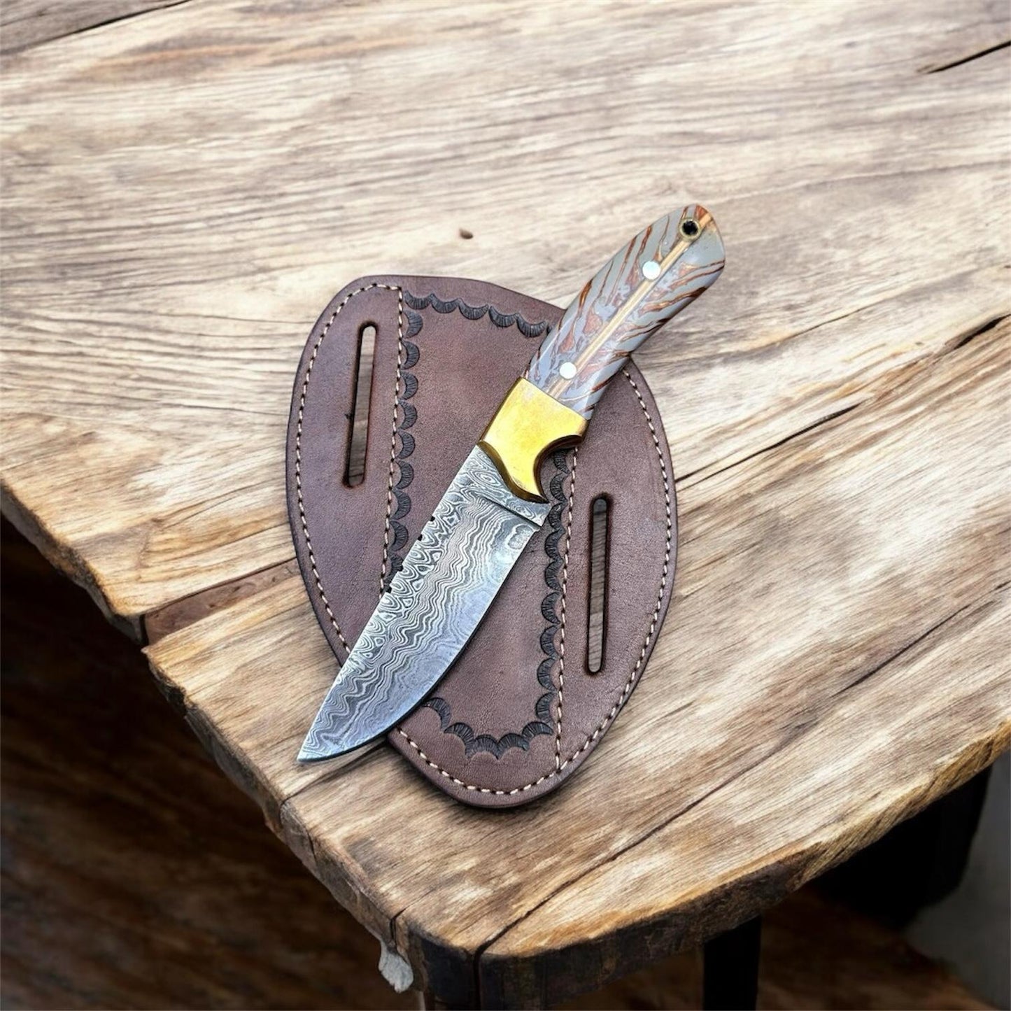 Cowboy Knife – Damascus Steel Blade with Pinecone Handle & Brass Bolster | Handmade Western Knife with Leather Sheath