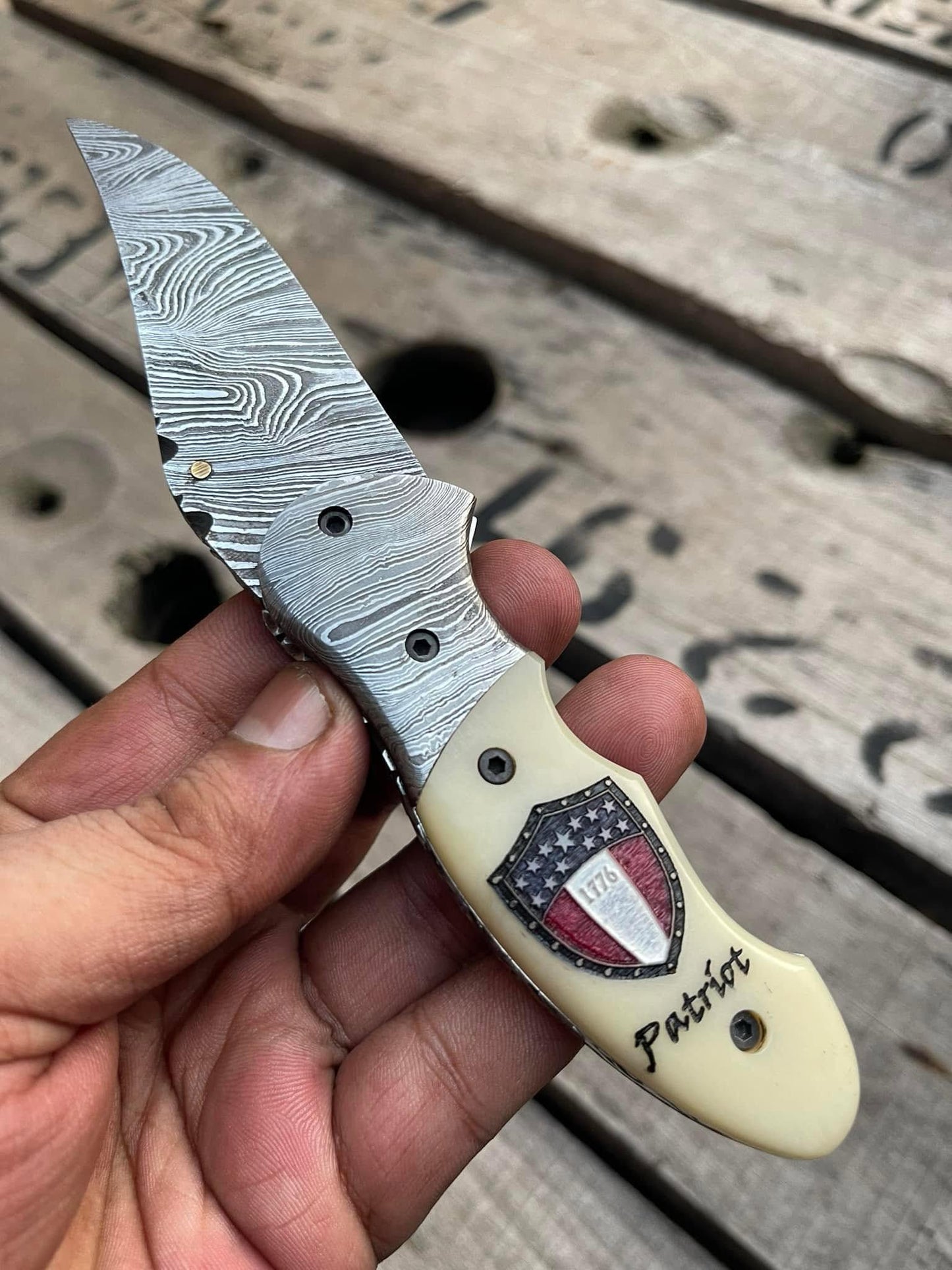 Cowboy Folding Knife – Damascus Steel Blade with Bone Handle & Damascus Steel Bolsters | Western Pocket Knife | Custom Handmade Ranch Folder