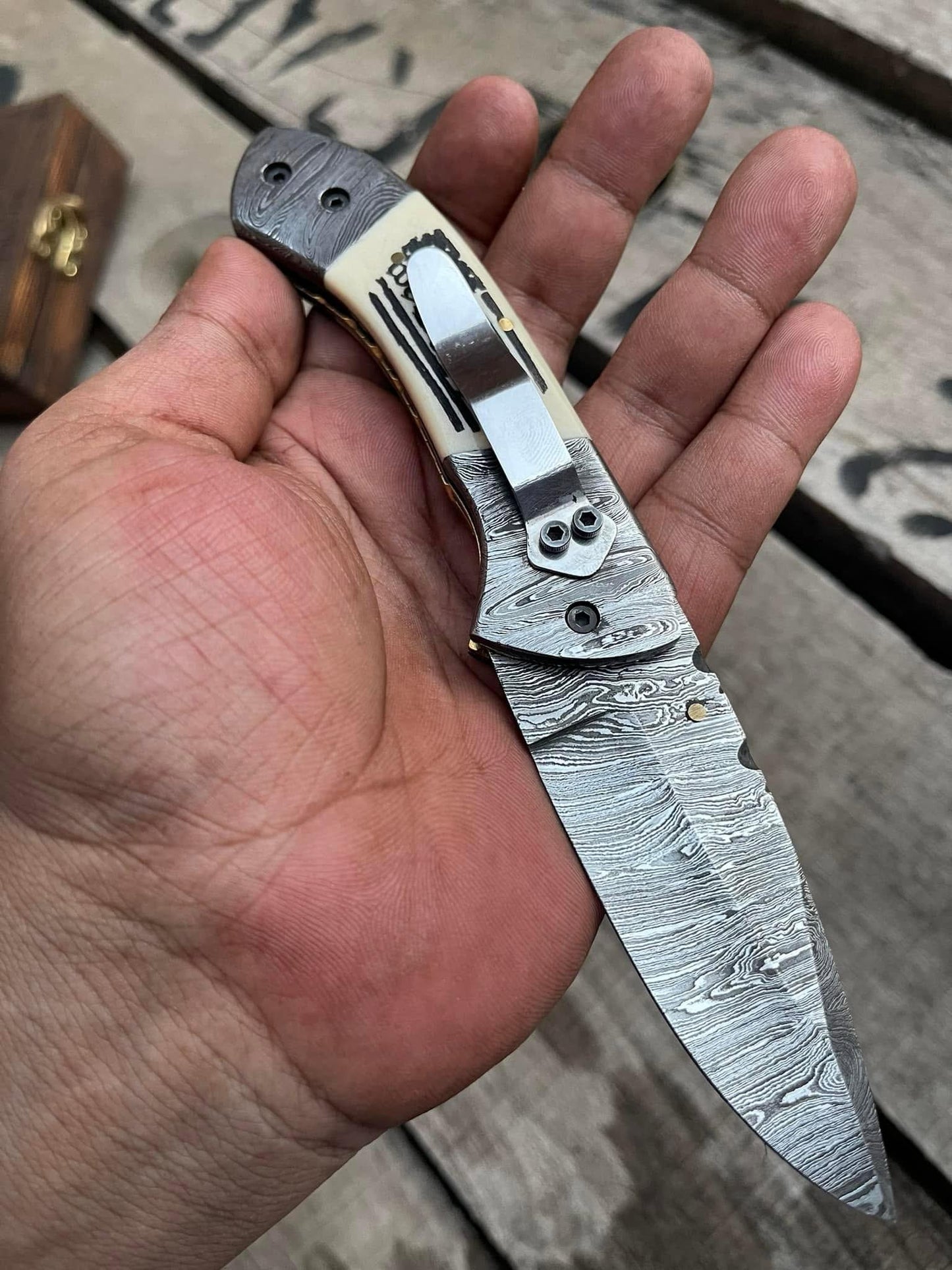 Cowboy Folding Knife – Damascus Steel Blade with Bone Handle & Damascus Steel Bolsters | Western Pocket Knife | Custom Handmade Ranch Folder