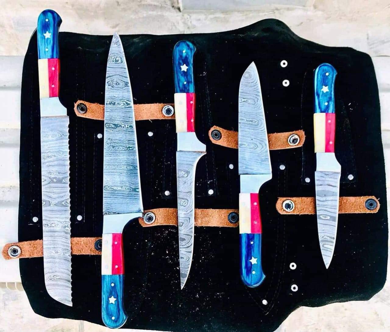 5-Piece Damascus Steel Kitchen Knife Set – Texas Flag Handles with Steel Bolsters | Premium Chef Knife Set with Western Pride