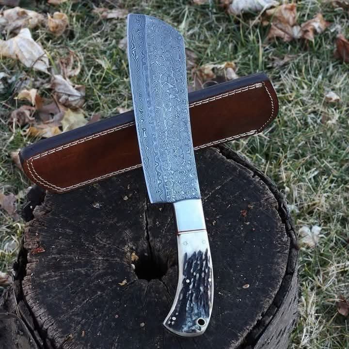 Handcrafted Damascus Steel Cleaver Knife – Stag Horn Handle with Brass Bolster | Premium Kitchen Butcher Knife