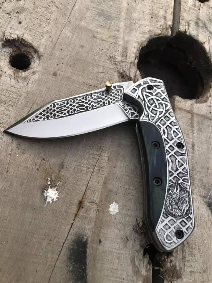 Cowboy Folding Knife – D2 Steel Blade with 100% Hand-Engraved D2 Steel & Wooden Handle | Western-Style Pocket Knife with Artisan Detail