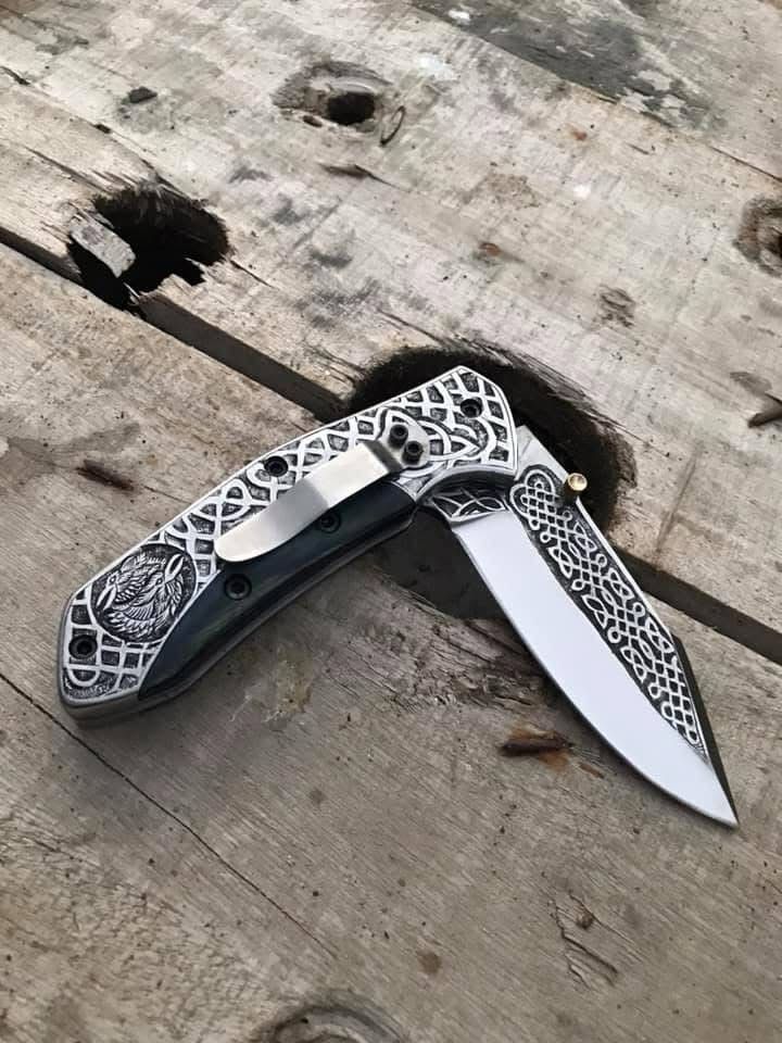 Cowboy Folding Knife – D2 Steel Blade with 100% Hand-Engraved D2 Steel & Wooden Handle | Western-Style Pocket Knife with Artisan Detail