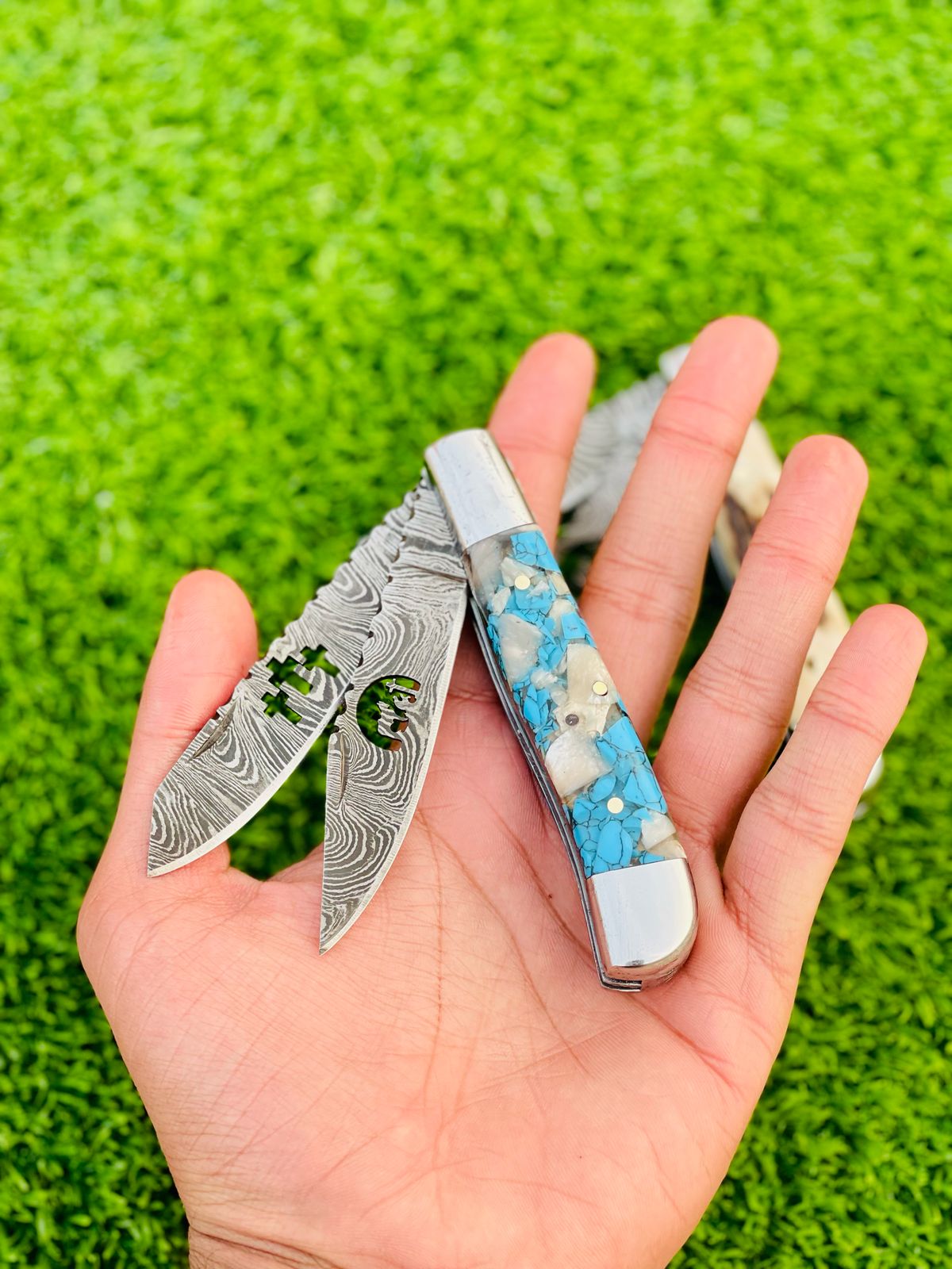 Cowboy Folding Knife – Double Damascus Steel Blades with Resin Handle & Steel Bolsters | Dual-Blade Pocket Knife for Ranch & Outdoors