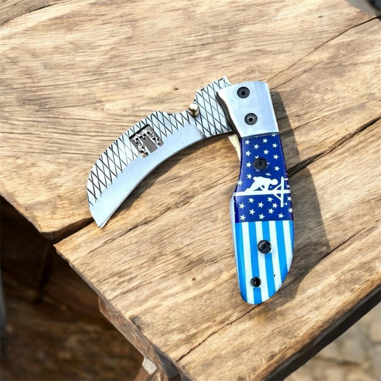 Handmade Hawkbill Folding Knife for Linemen – Rasp Tool Steel Blade with Wirecut Design, Epoxy Resin Handle, and Leather Sheath