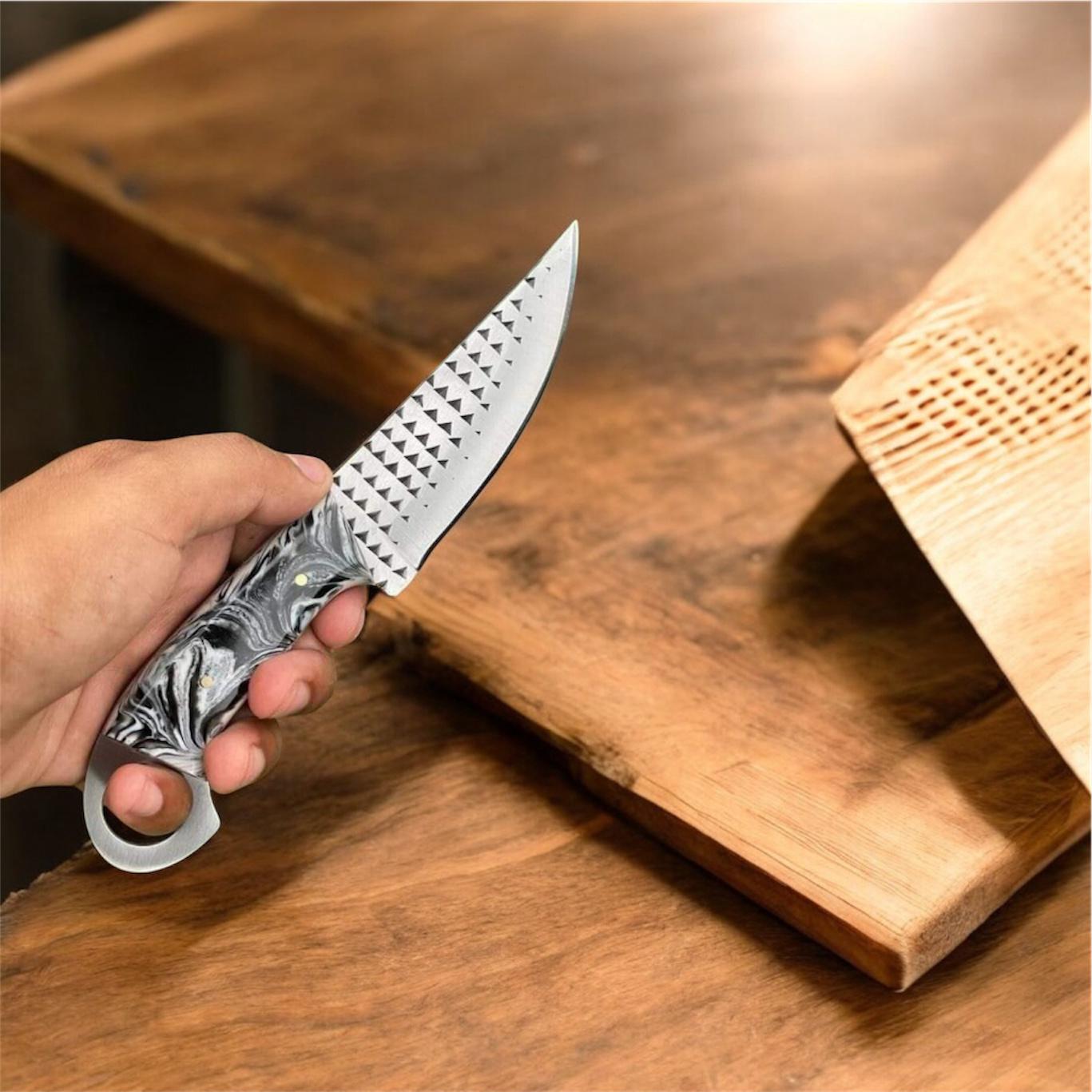 Handmade Cowboy Knife – Rasp Tool Steel Blade with Resin Handle, Back Finger Hole, and Leather Sheath