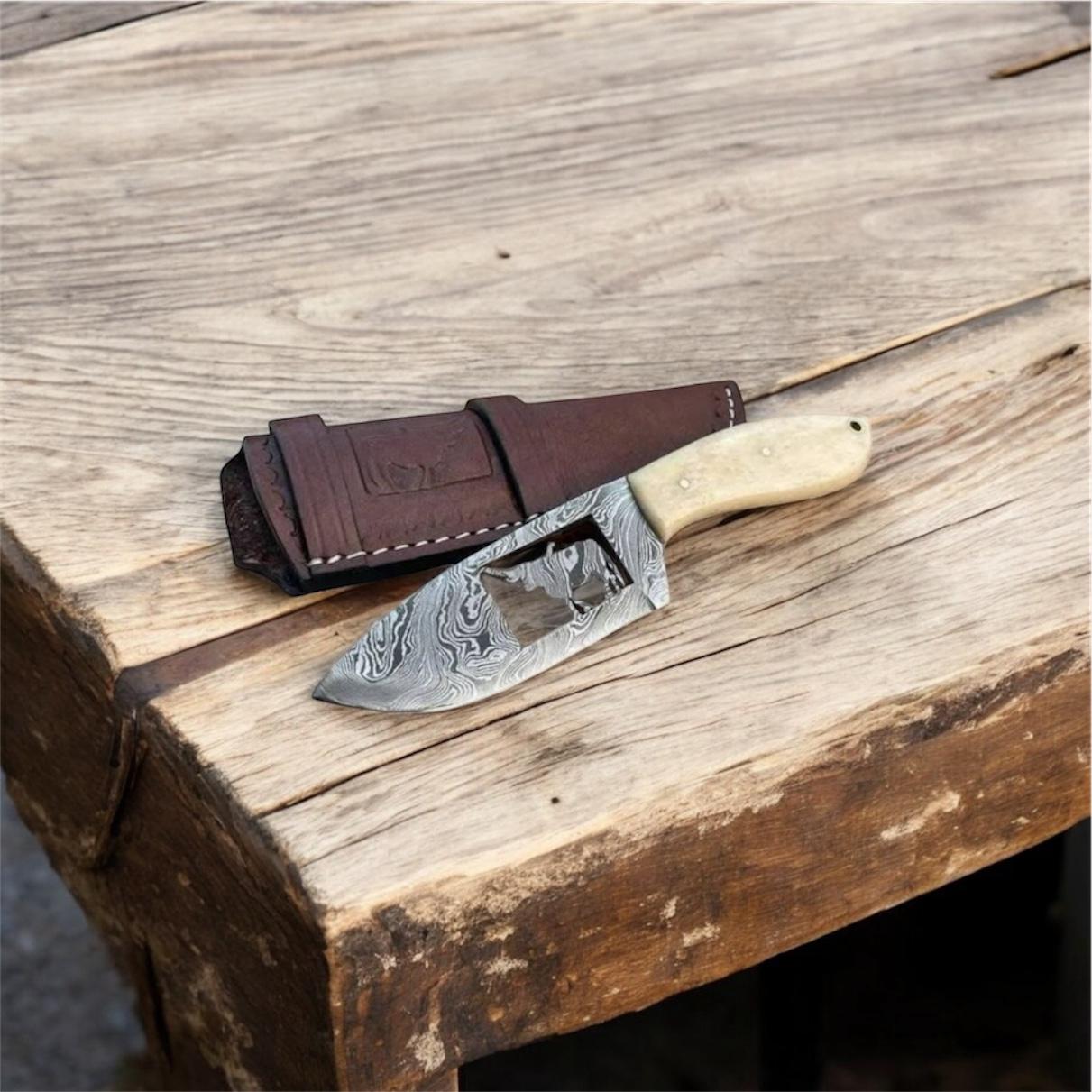 Cowboy Knife – Damascus Steel Blade with Bull Design Wirecut, Bone Handle & Horizontal Leather Sheath