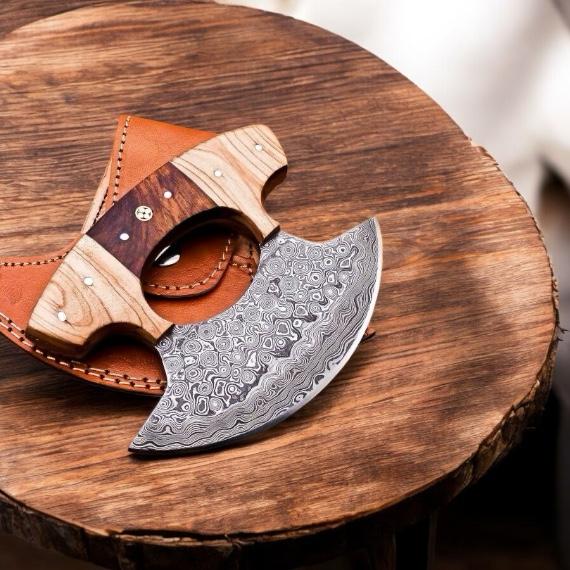 Ulu Knife – Hand-Forged Damascus Steel Blade with Ash & Rosewood Handle and Leather Sheath