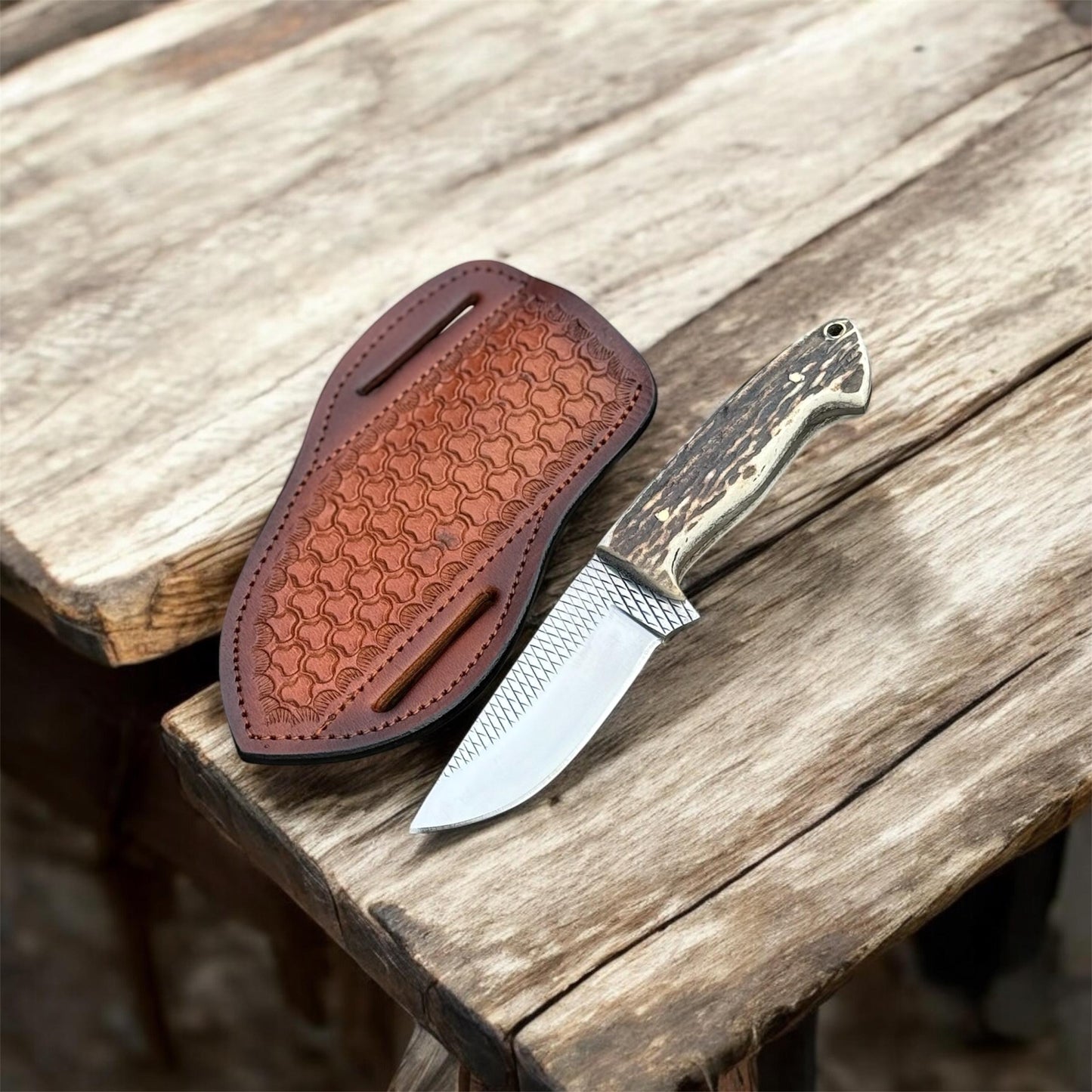 Custom Knift – Rasp File Steel Blade, Antler Horn Handle, 7.25"