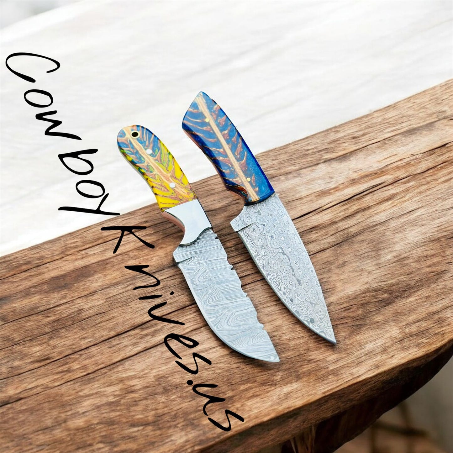 4" Blade Cowboy Knives with Damascus Steel & Pinecone Resin Handles