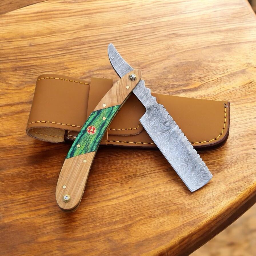 Cowboy Razor with Damascus Steel Blade – Ashwood & Color Wood Handle with Leather Case | Western Cowboy Razor | cowboyknives.us (Cowboy Knives HQ)