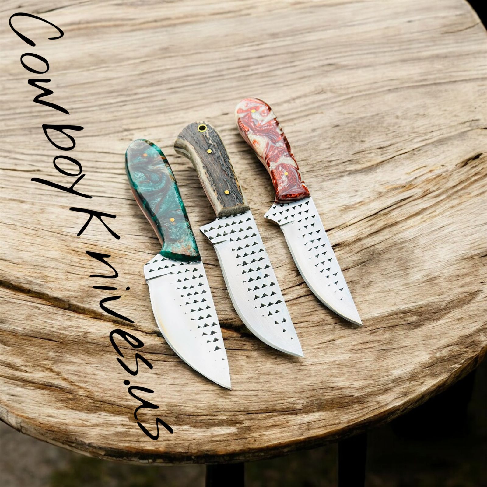 3.5" Blade Ranch Cowboy Knives and Sheaths – Rasp File Steel with Resin & Antler Handles