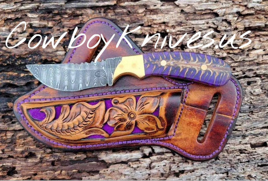 4" Blade Cowboy Knife with Damascus Steel & Pinecone Resin Handle