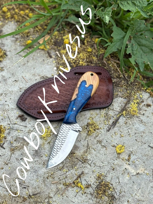 3" Blade Cowboy Knife Sheath with Rasp File Steel & Wood-Resin Handle