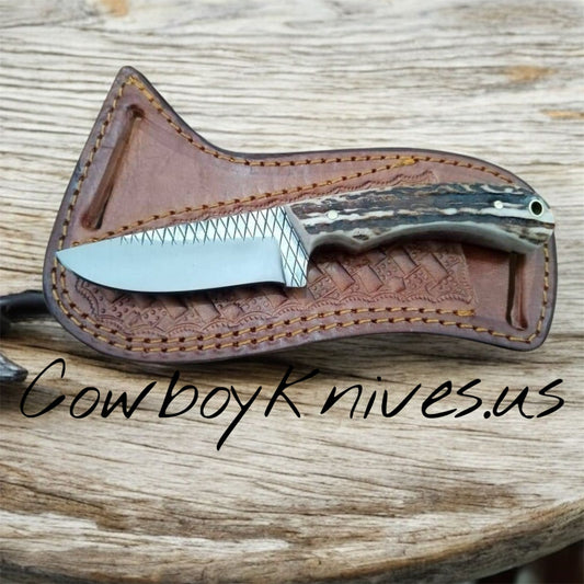 3" Blade Cowboy Knife with Sheath – Rasp Steel & Antler Horn Handle