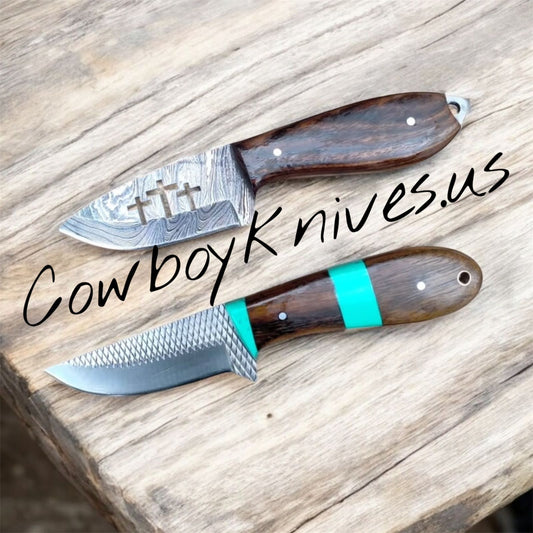 3" Blade Belt Knives and Sheaths – Rasp & Damascus Steel, Rosewood & Resin Handles