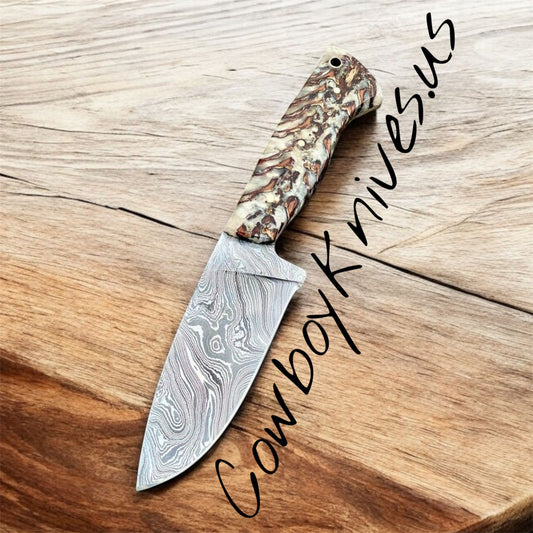 4" Blade Cowboy Knife Sheath with Damascus Steel & Pinecone Resin Handle